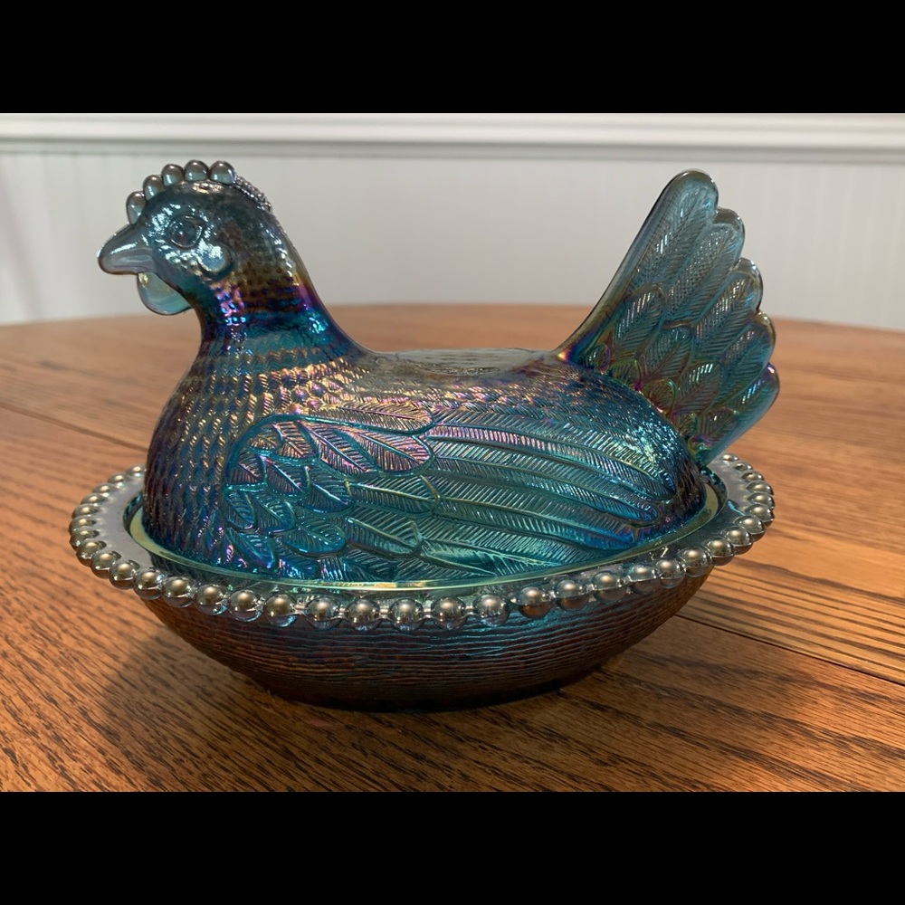 Vintage Carnival Glass Blue Chicken Candy Dish.